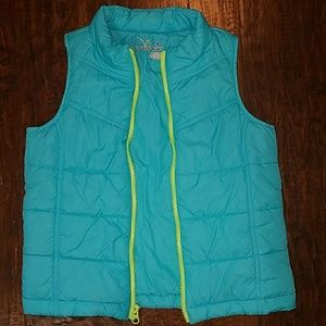 Teal puffer vest with neon yellow zipper, sz 6